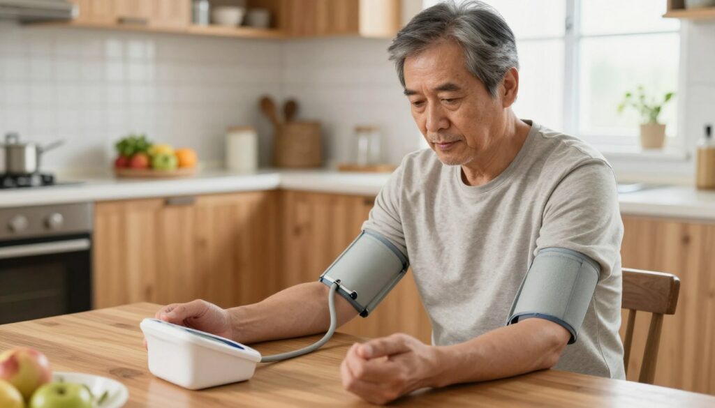 A middle-aged man in a modest casual outfit, seated at a kitchen table, checking his blood pressure with a digital monitor. His expression is focused and calm, illustrating his commitment to tracking his heart health. The foreground features the blood pressure cuff and the digital device, while the middle showcases a cozy, well-lit kitchen with wooden cabinets and healthy food items like fruits visible. In the background, soft natural light streams through a window, adding warmth to the scene. The angle is slightly above eye level, capturing a sense of introspection and routine. The overall mood is one of empowerment and proactive health management, emphasizing the importance of monitoring heart health at home.